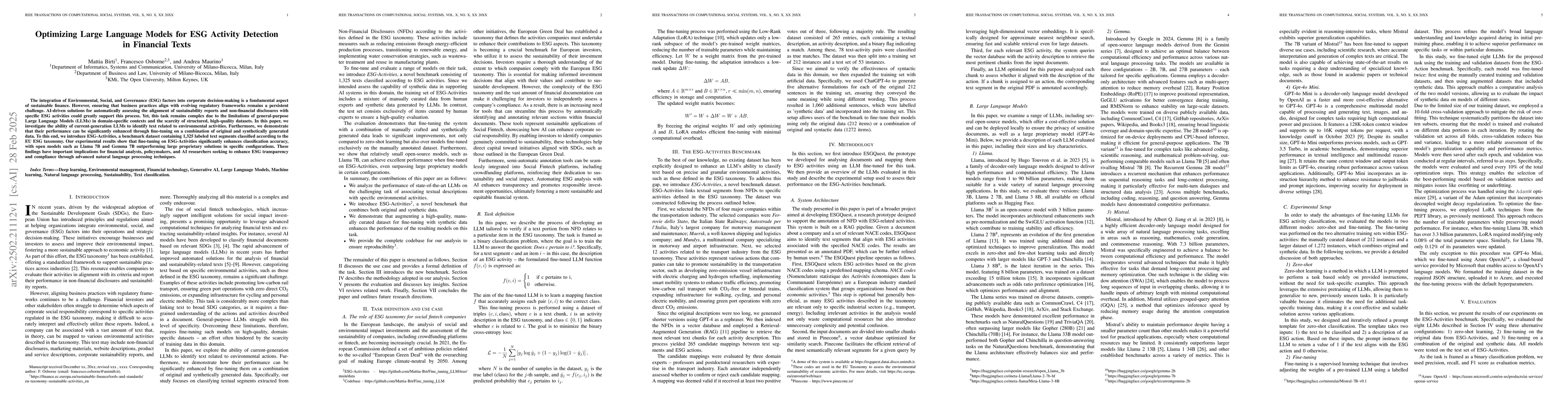 Thumbnail for Optimizing Large Language Models for ESG Activity Detection in Financial
  Texts