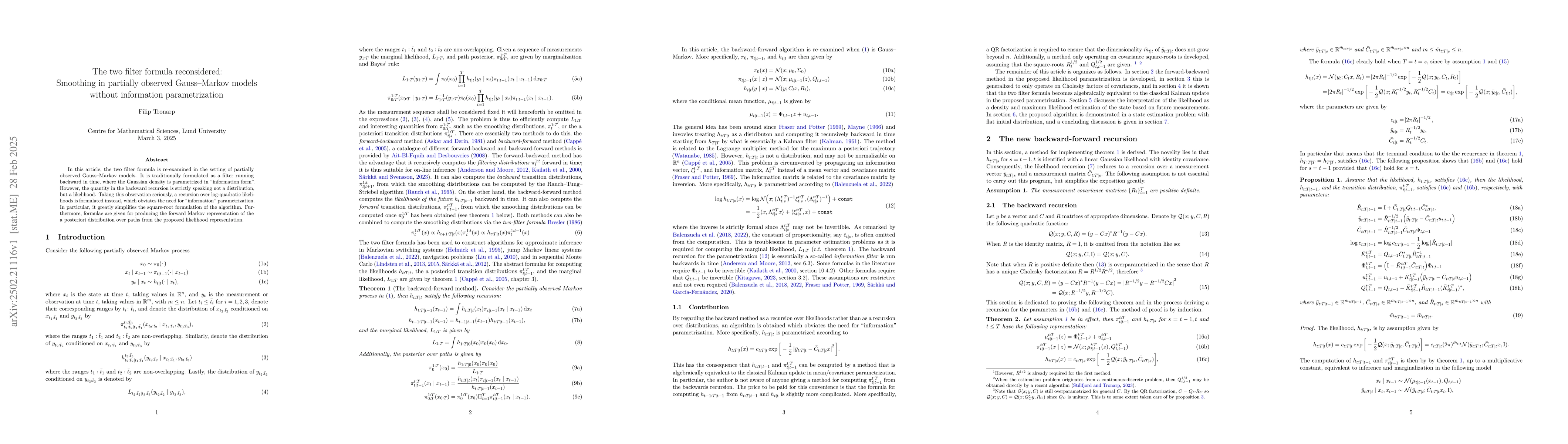 Thumbnail for The two filter formula reconsidered: Smoothing in partially observed
  Gauss--Markov models without information parametrization