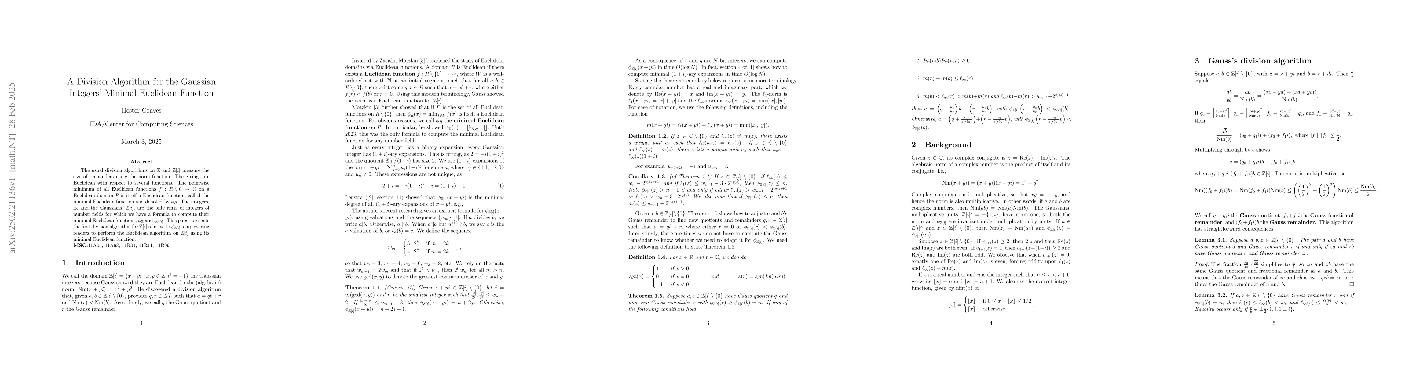Thumbnail for A Division Algorithm for the Gaussian Integers' Minimal Euclidean
  Function