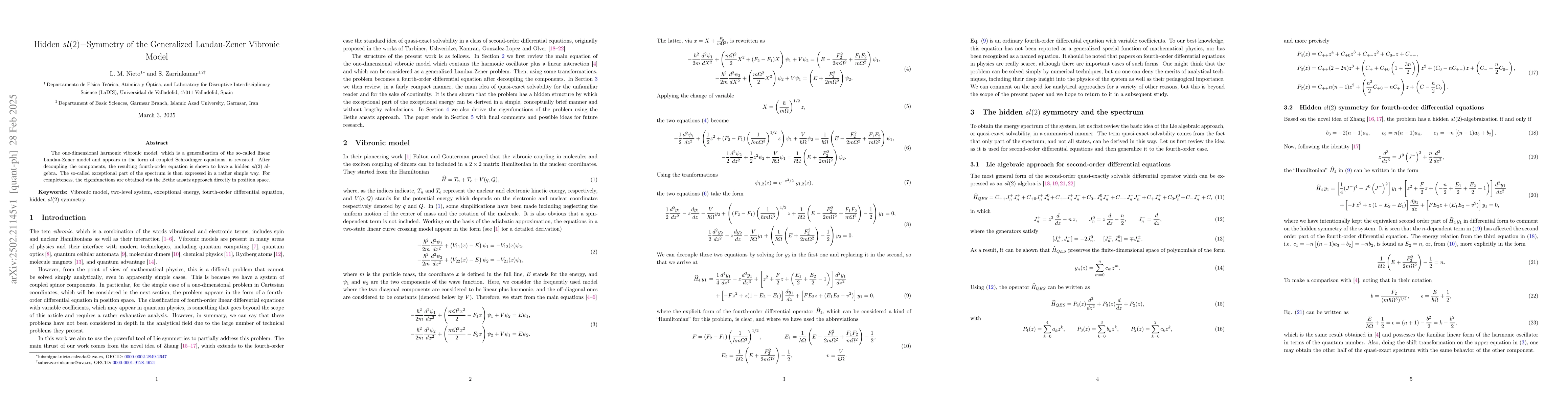 Thumbnail for Hidden $sl(2)-$Symmetry of the Generalized Landau-Zener Vibronic Model