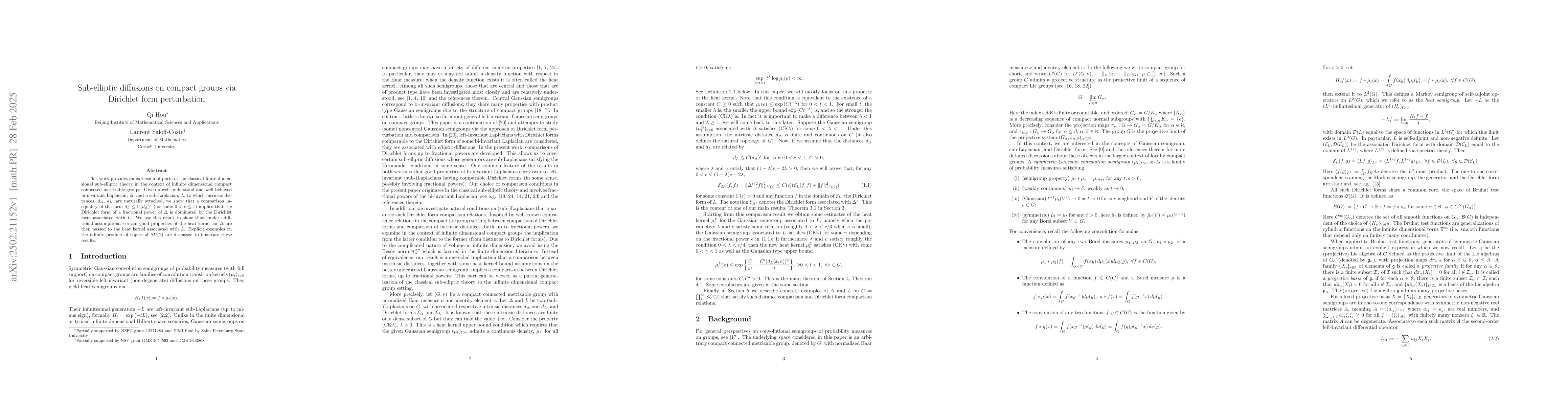 Thumbnail for Sub-elliptic diffusions on compact groups via Dirichlet form
  perturbation