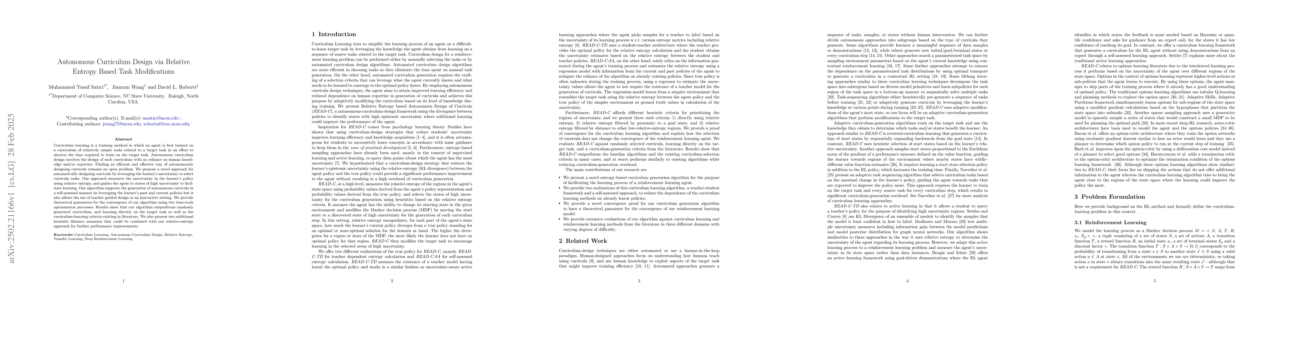 Thumbnail for Autonomous Curriculum Design via Relative Entropy Based Task
  Modifications