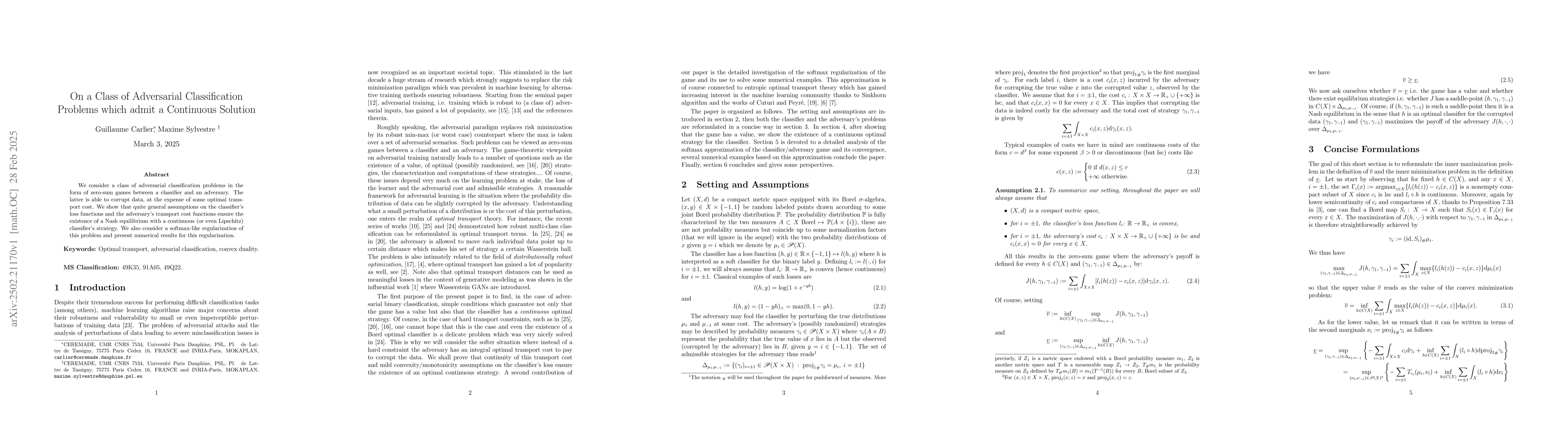 Thumbnail for On a class of adversarial classification problems which admit a
  continuous solution