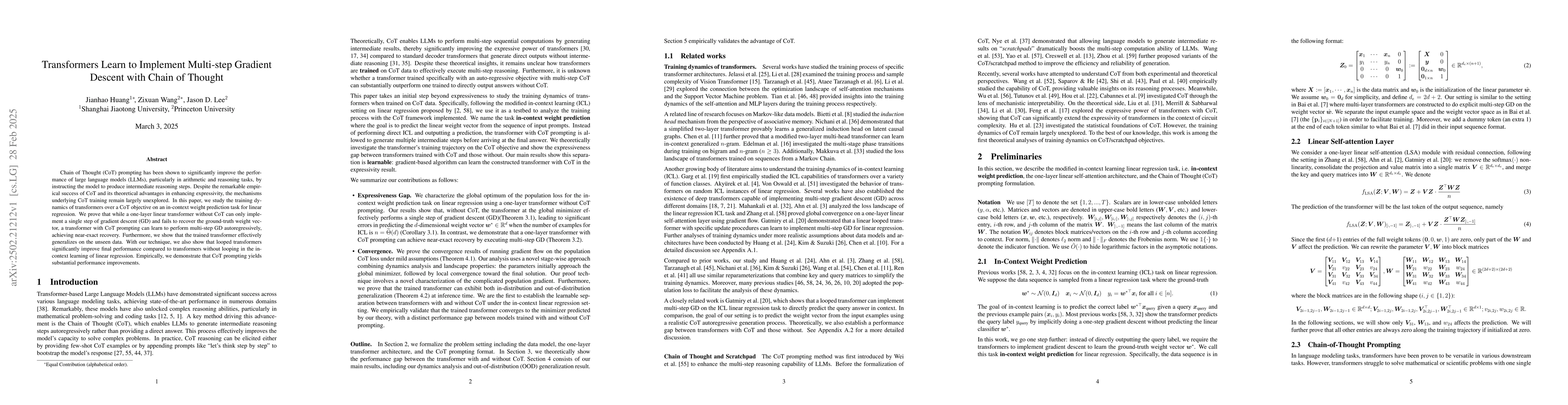 Thumbnail for Transformers Learn to Implement Multi-step Gradient Descent with Chain
  of Thought
