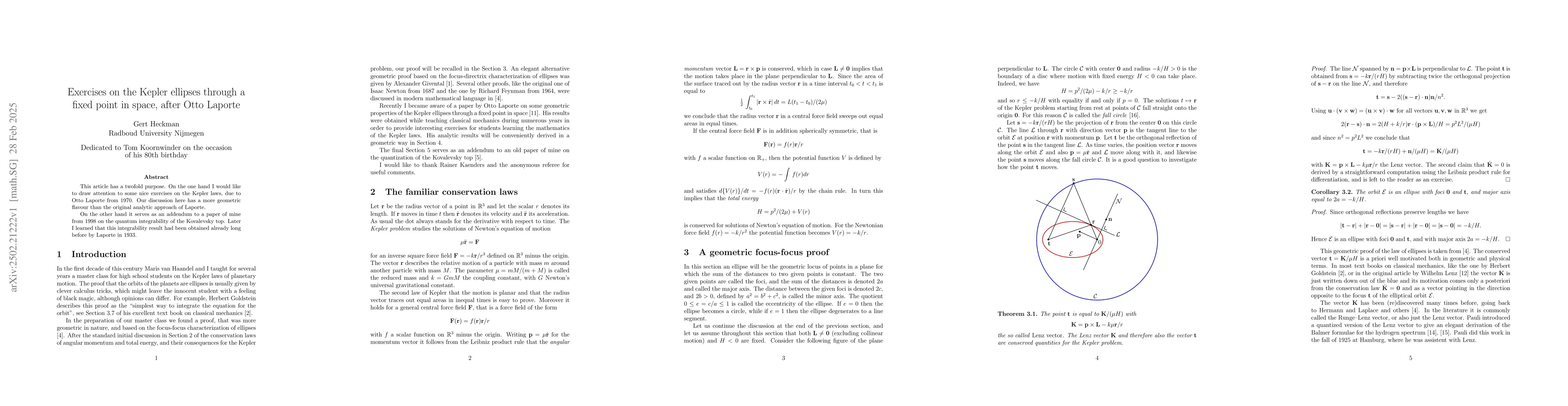 Thumbnail for Exercises on the Kepler ellipses through a fixed point in space, after
  Otto Laporte