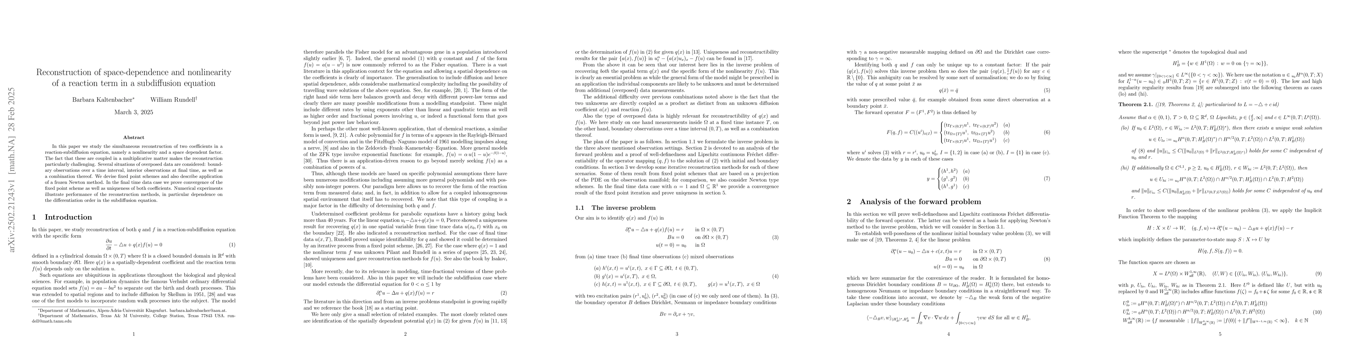 Thumbnail for Reconstruction of space-dependence and nonlinearity of a reaction term
  in a subdiffusion equation