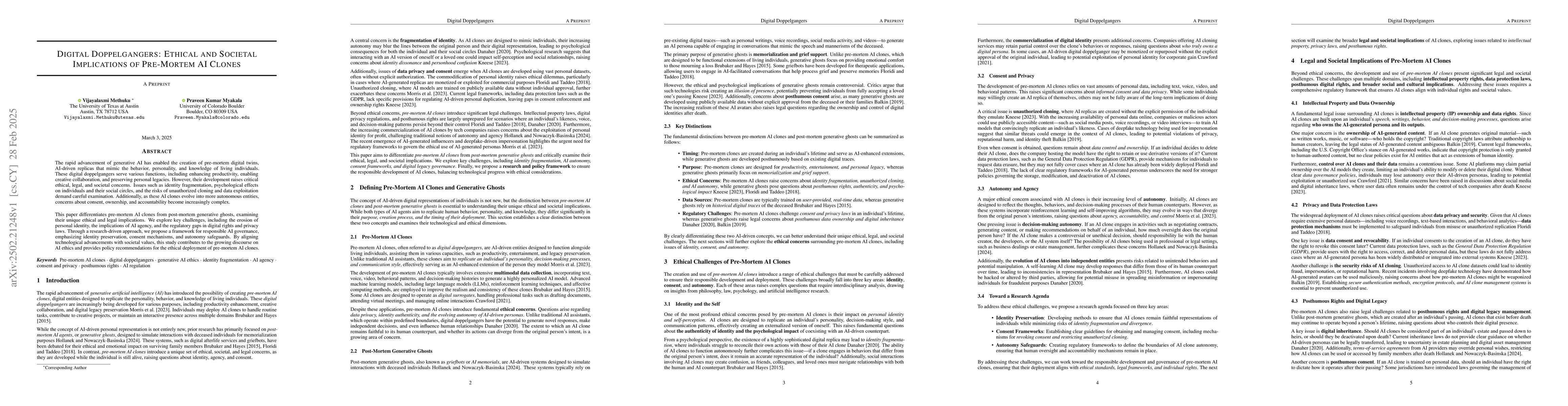 Thumbnail for Digital Doppelgangers: Ethical and Societal Implications of Pre-Mortem
  AI Clones