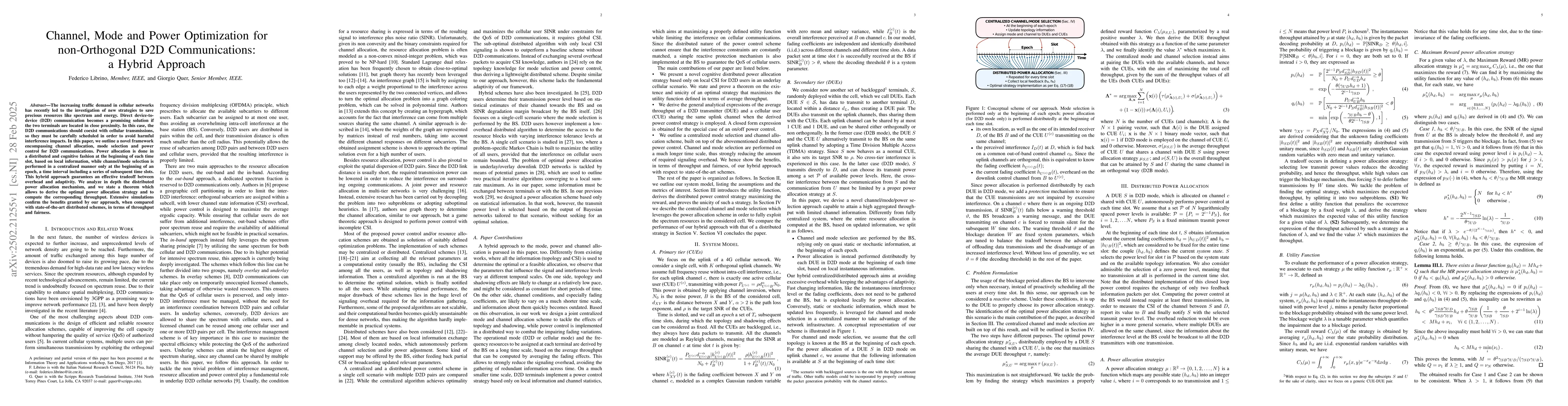 Thumbnail for Channel, Mode and Power Optimization for non-Orthogonal D2D
  Communications: a Hybrid Approach