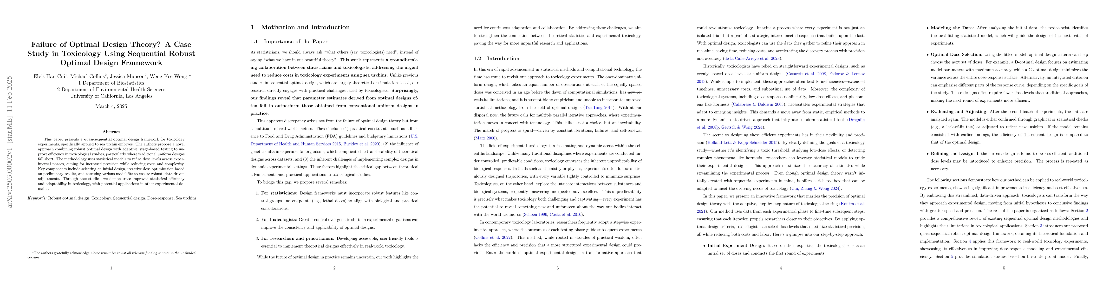 Thumbnail for Failure of Optimal Design Theory? A Case Study in Toxicology Using
  Sequential Robust Optimal Design Framework