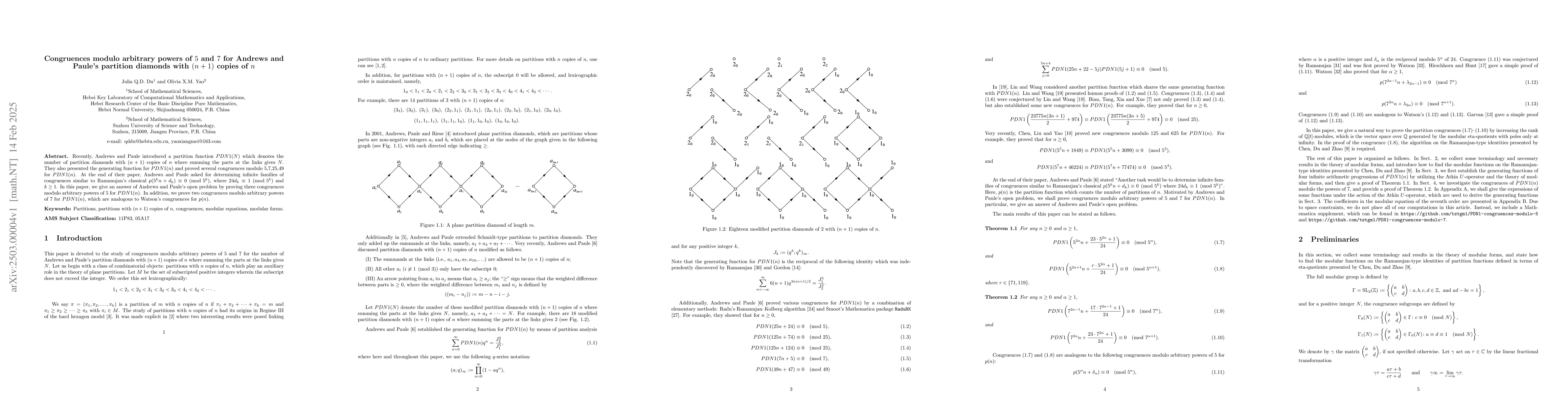Thumbnail for Congruences modulo arbitrary powers of $5$ and $7$ for Andrews and
  Paule's partition diamonds with $(n+1)$ copies of $n$