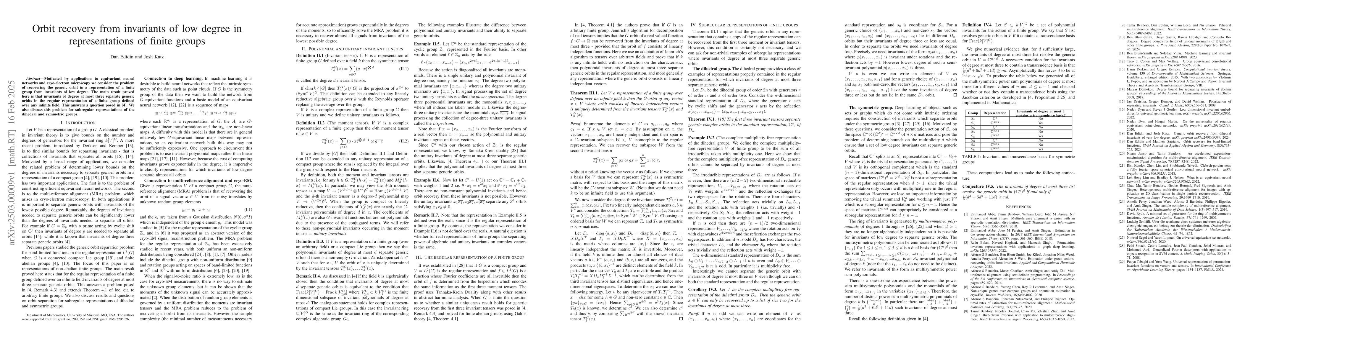 Thumbnail for Orbit recovery from invariants of low degree in representations of
  finite groups