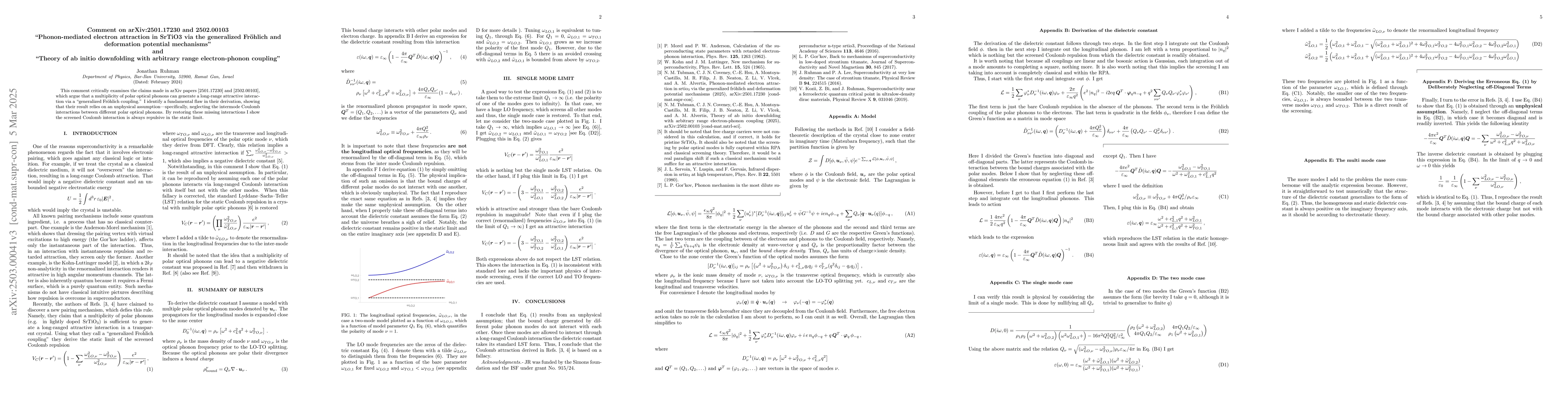 Thumbnail for Comment on 2501.17230 and 2502.00103 "Phonon-mediated electron
  attraction in SrTiO3 via the generalized Frohlich and deformation potential
  mechanisms" and "Theory of ab initio downfolding with arbitrary range
  electron-phonon coupling"
