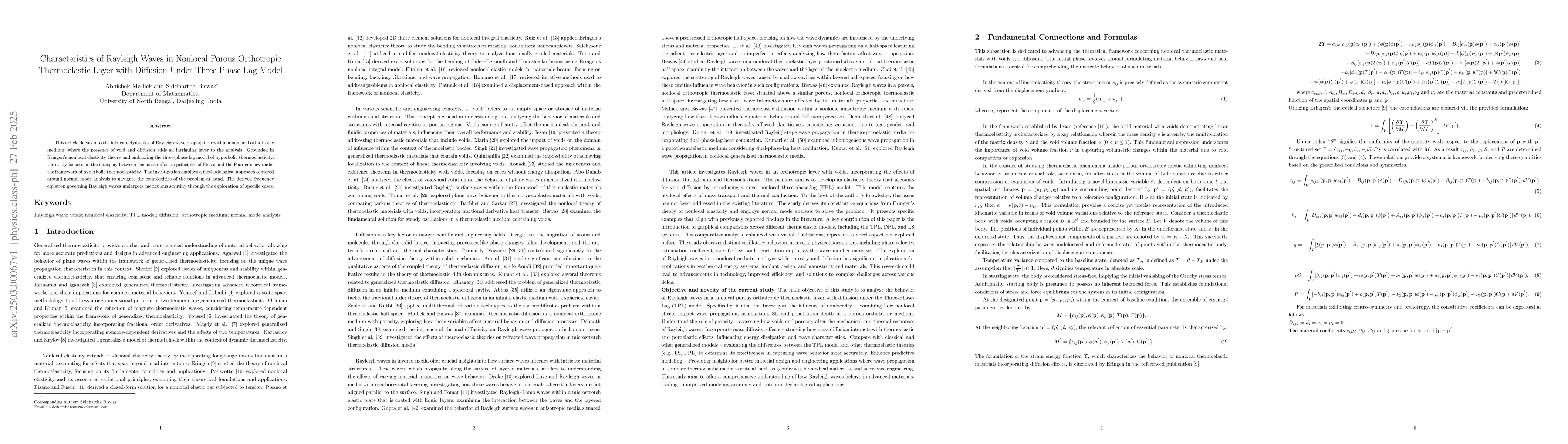 Thumbnail for Characteristics of Rayleigh Waves in Nonlocal Porous Orthotropic
  Thermoelastic Layer with Diffusion Under Three-Phase-Lag Model