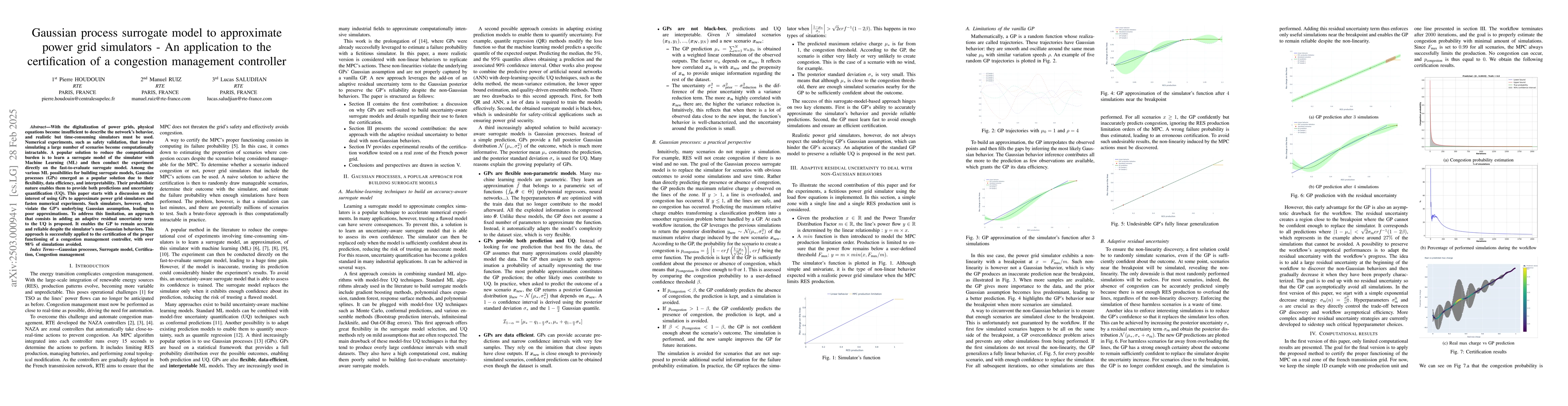 Thumbnail for Gaussian process surrogate model to approximate power grid simulators --
  An application to the certification of a congestion management controller