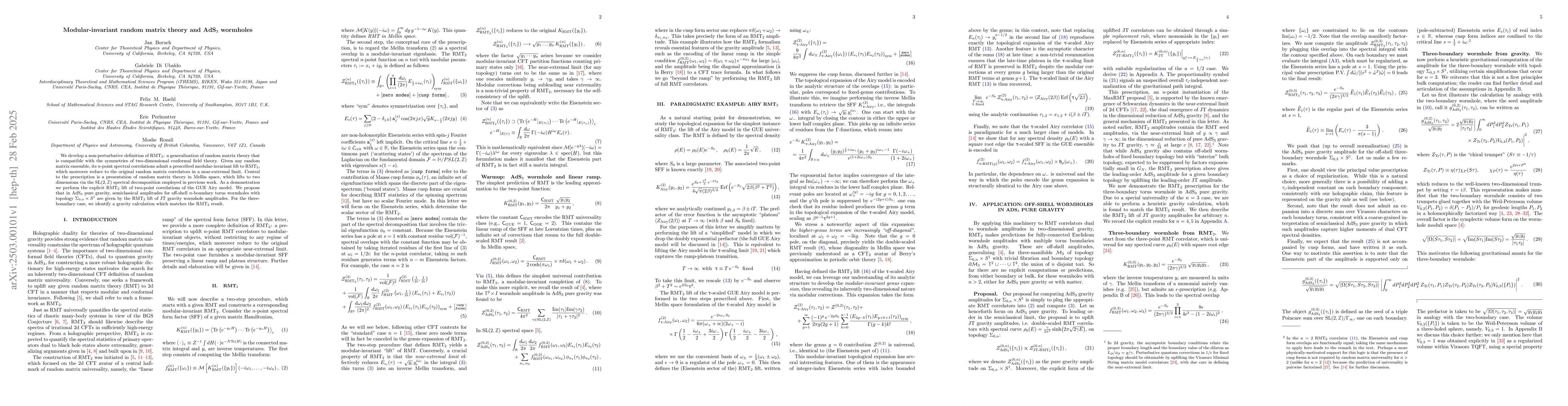 Thumbnail for Modular-invariant random matrix theory and AdS${}_3$ wormholes