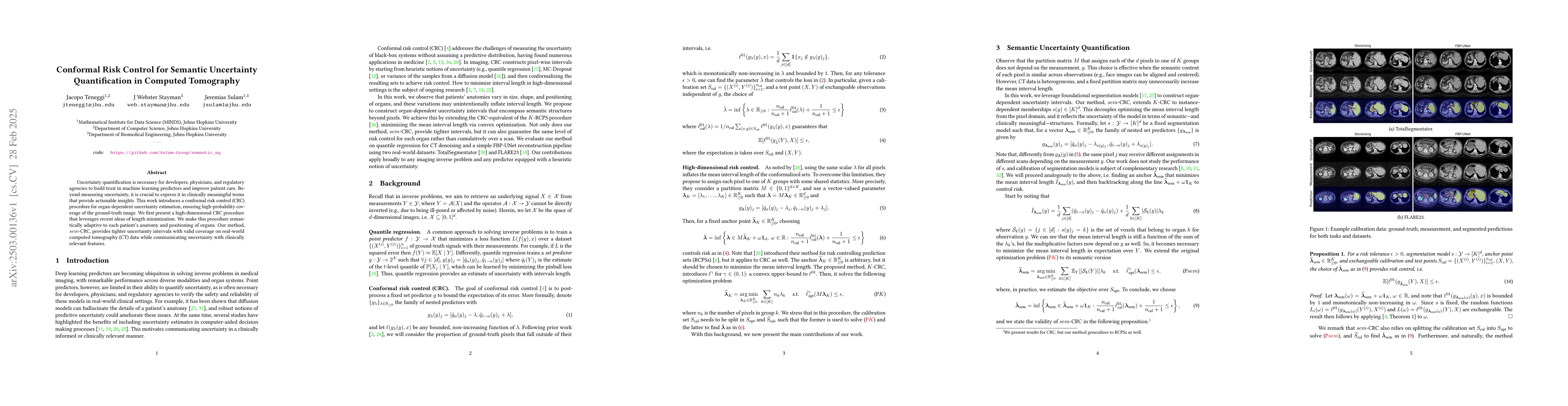 Thumbnail for Conformal Risk Control for Semantic Uncertainty Quantification in
  Computed Tomography
