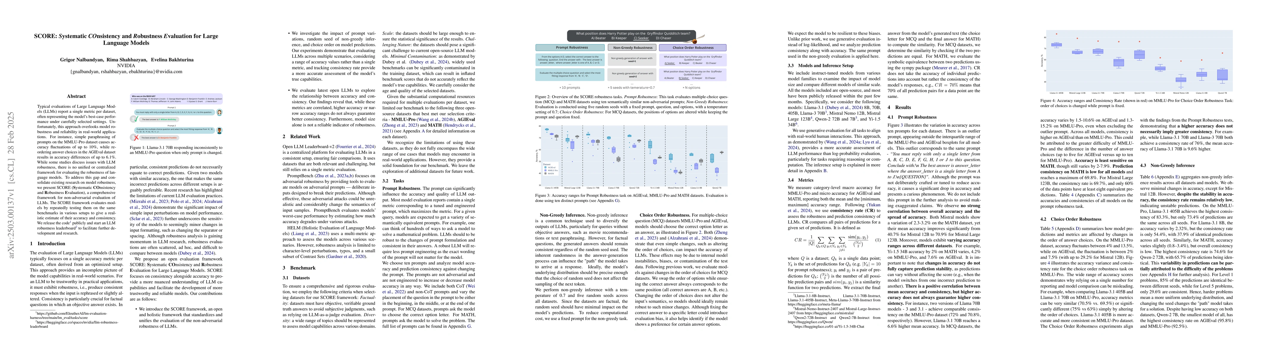 Thumbnail for SCORE: Systematic COnsistency and Robustness Evaluation for Large
  Language Models