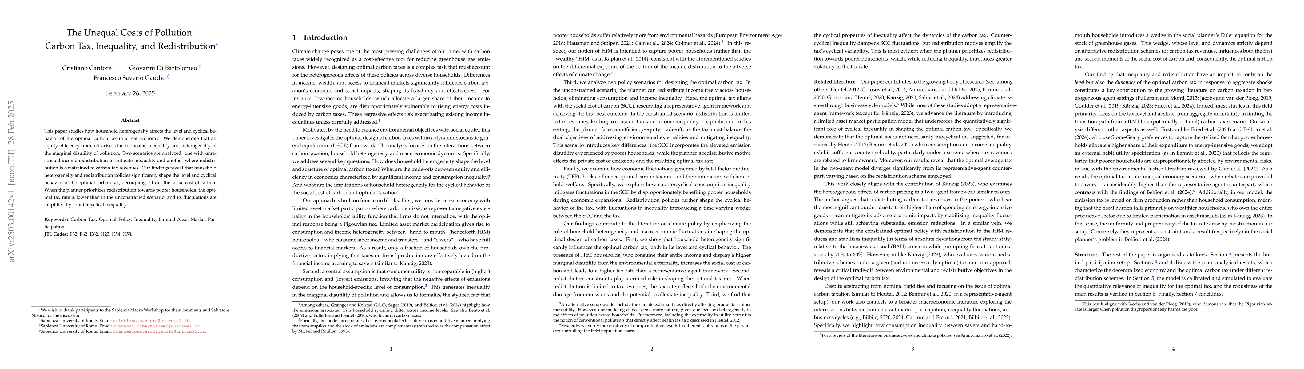 Thumbnail for The Unequal Costs of Pollution: Carbon Tax, Inequality, and
  Redistribution
