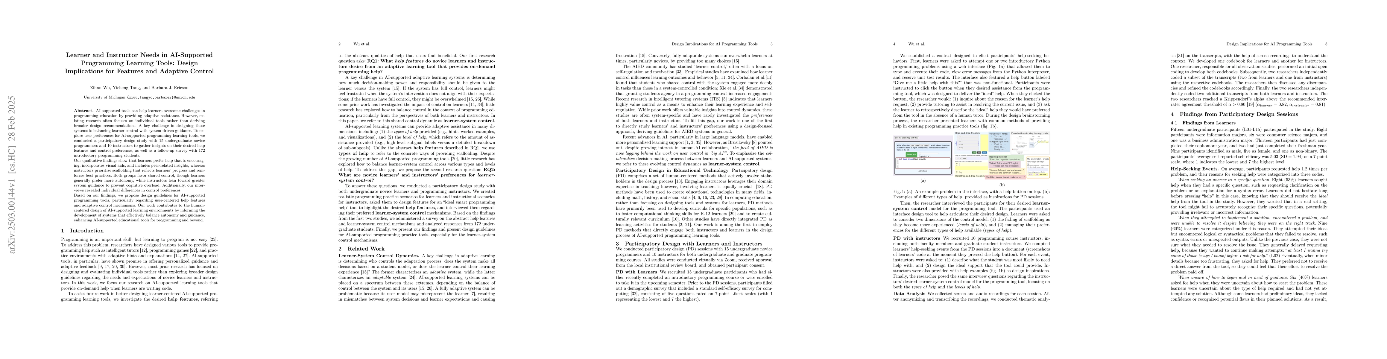 Thumbnail for Learner and Instructor Needs in AI-Supported Programming Learning Tools:
  Design Implications for Features and Adaptive Control
