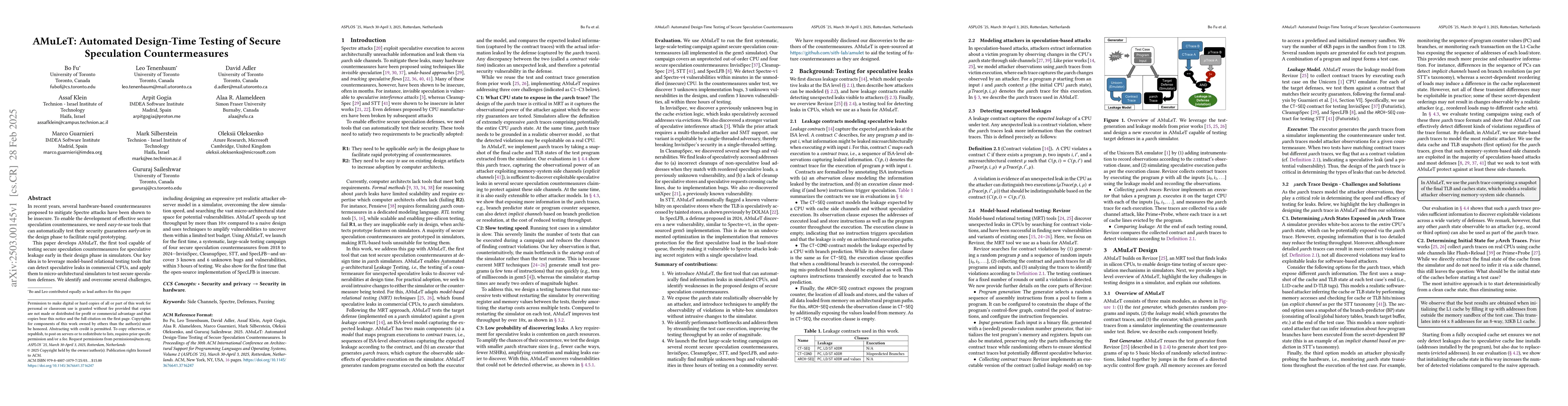 Thumbnail for AMuLeT: Automated Design-Time Testing of Secure Speculation
  Countermeasures