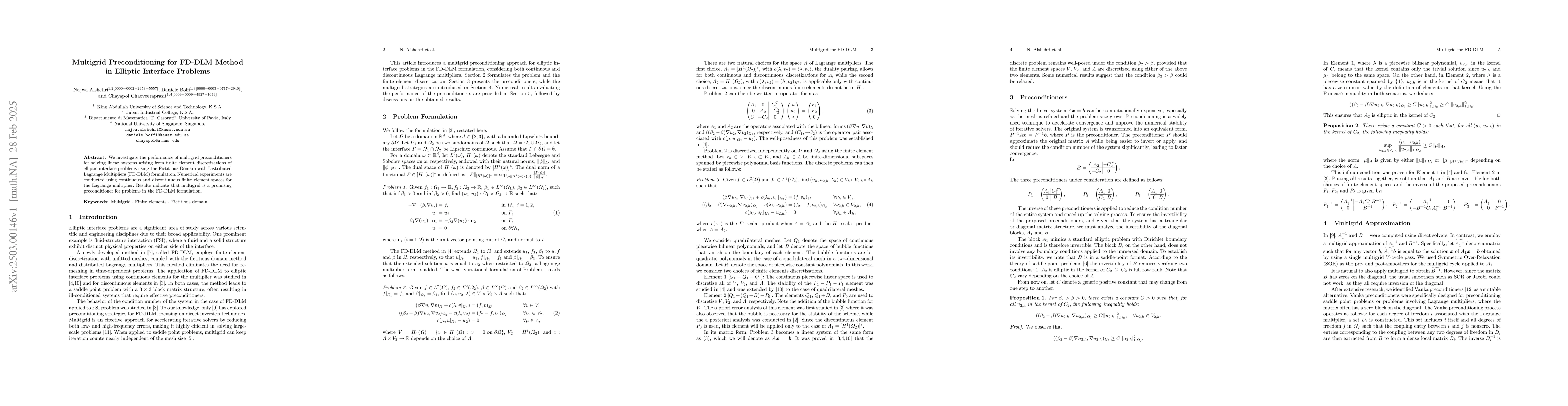 Thumbnail for Multigrid Preconditioning for FD-DLM Method in Elliptic Interface
  Problems