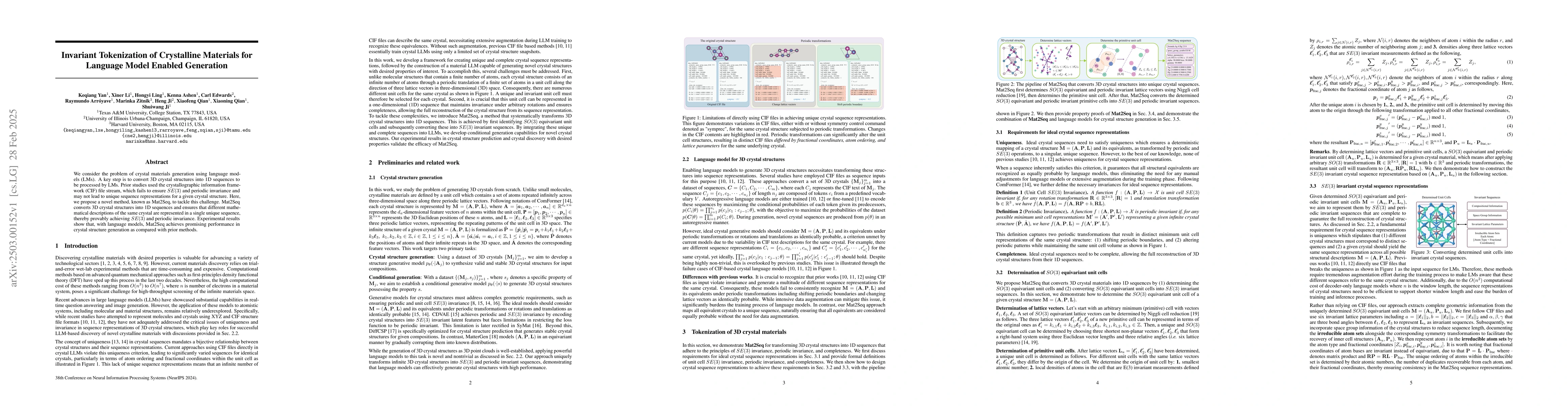 Thumbnail for Invariant Tokenization of Crystalline Materials for Language Model
  Enabled Generation