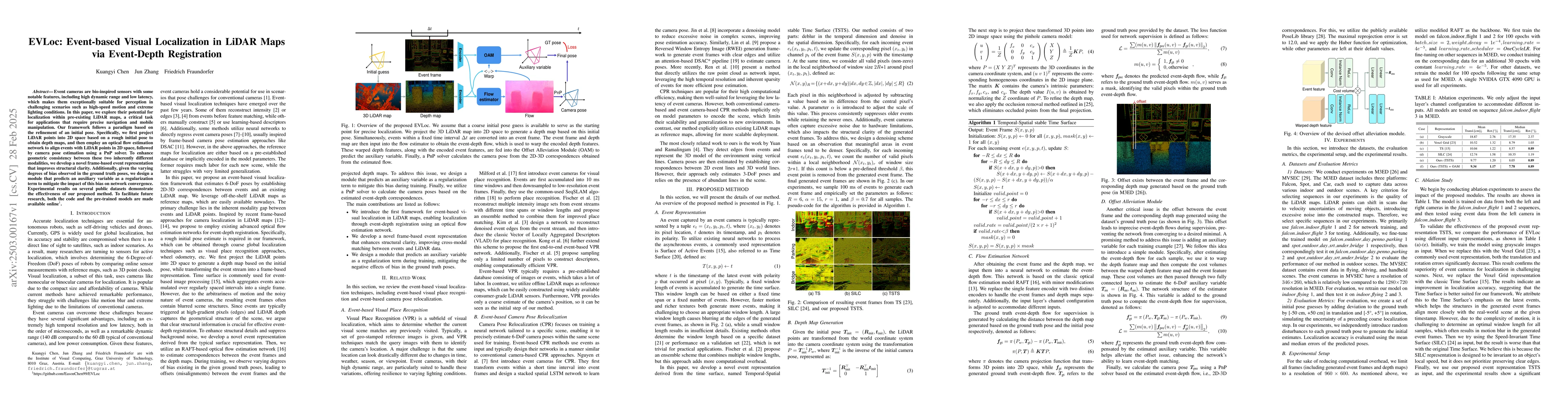 Thumbnail for EVLoc: Event-based Visual Localization in LiDAR Maps via Event-Depth
  Registration