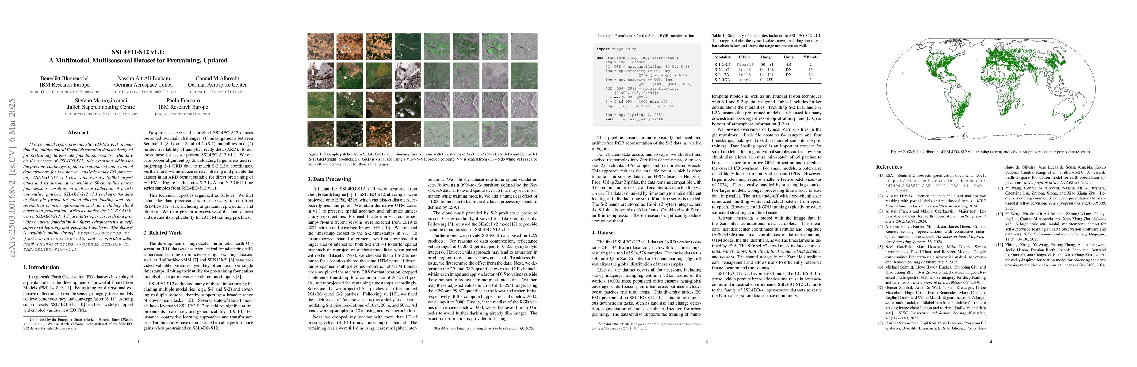 Thumbnail for SSL4EO-S12 v1.1: A Multimodal, Multiseasonal Dataset for Pretraining,
  Updated