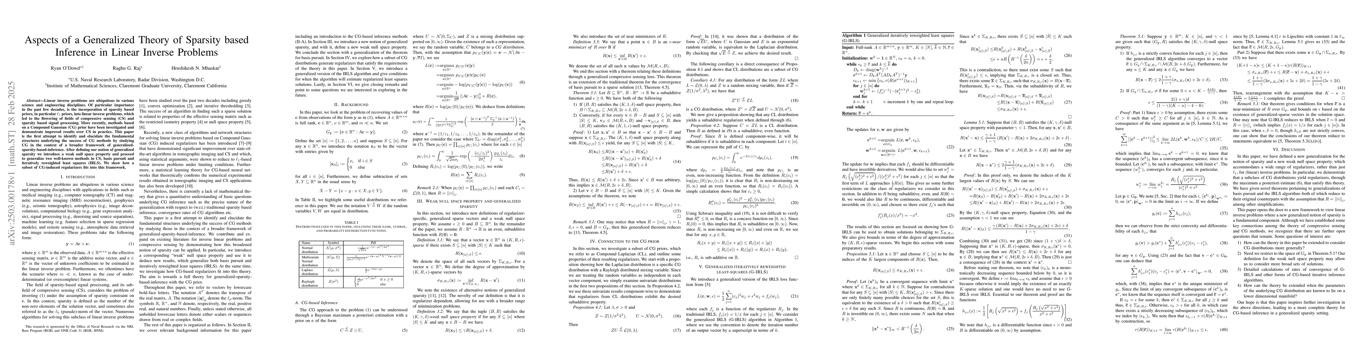 Thumbnail for Aspects of a Generalized Theory of Sparsity based Inference in Linear
  Inverse Problems
