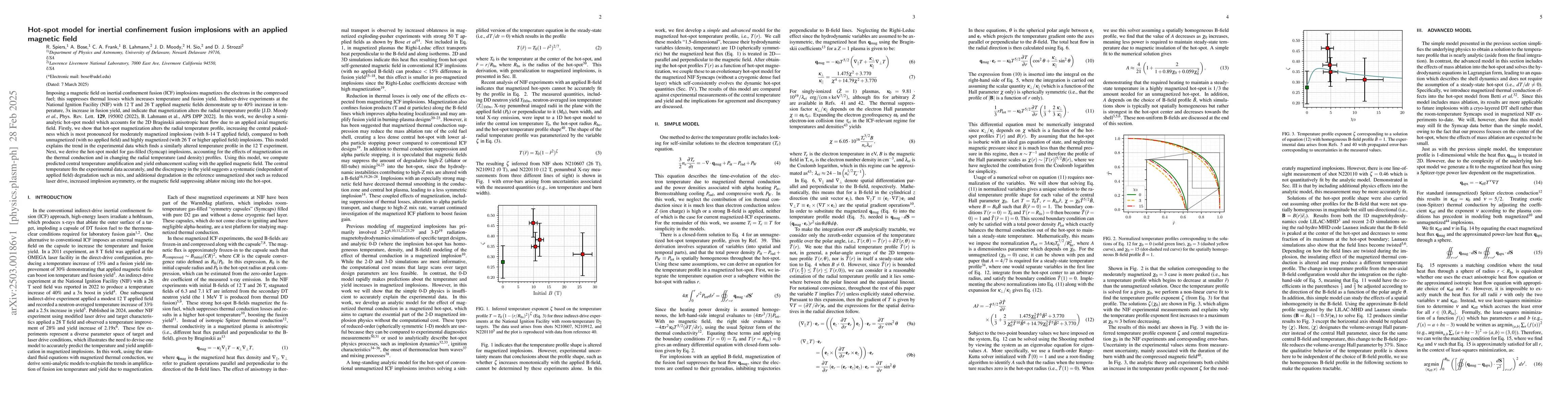 Thumbnail for Hot-spot model for inertial confinement fusion implosions with an
  applied magnetic field