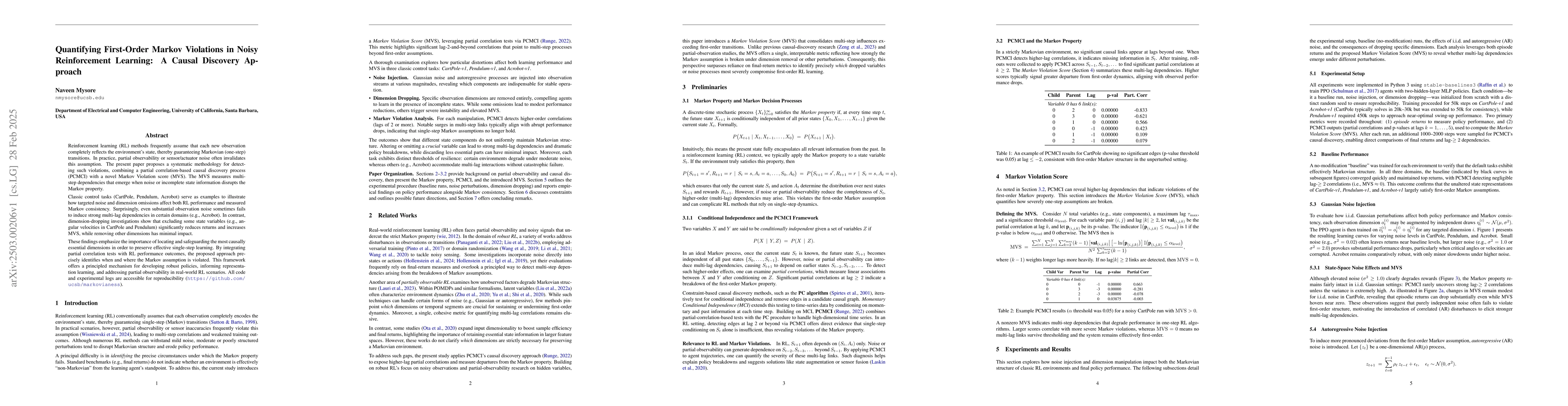 Thumbnail for Quantifying First-Order Markov Violations in Noisy Reinforcement
  Learning: A Causal Discovery Approach