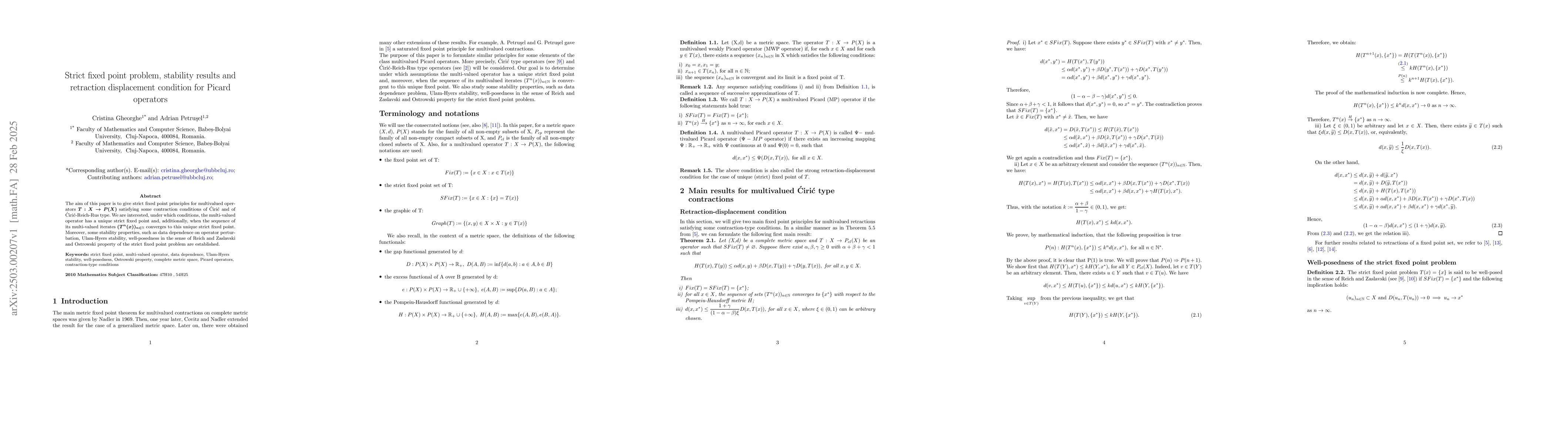 Thumbnail for Strict fixed point problem, stability results and retraction
  displacement condition for Picard operators