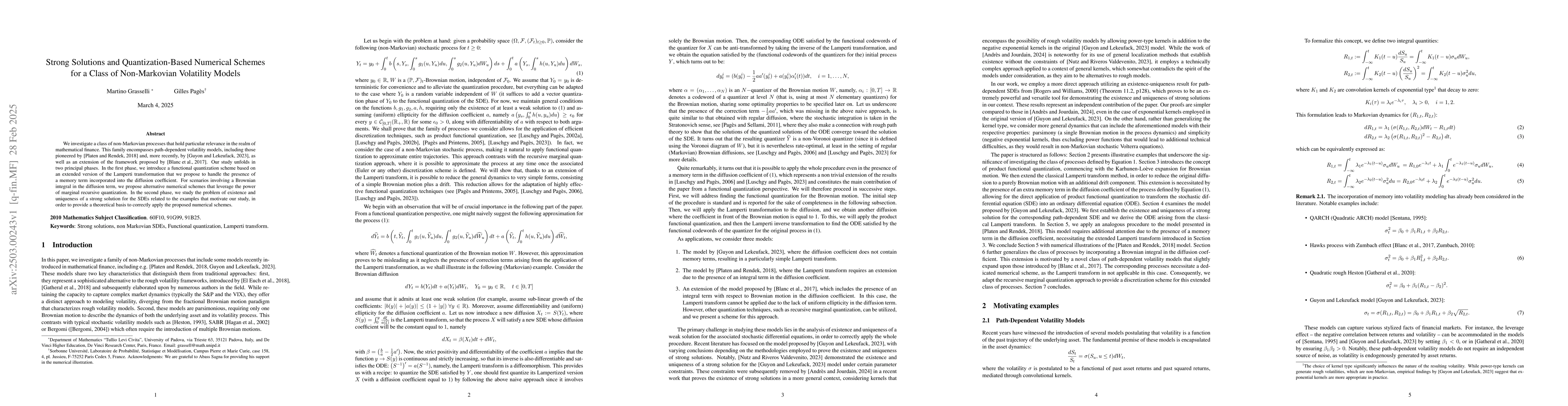 Thumbnail for Strong Solutions and Quantization-Based Numerical Schemes for a Class of
  Non-Markovian Volatility Models