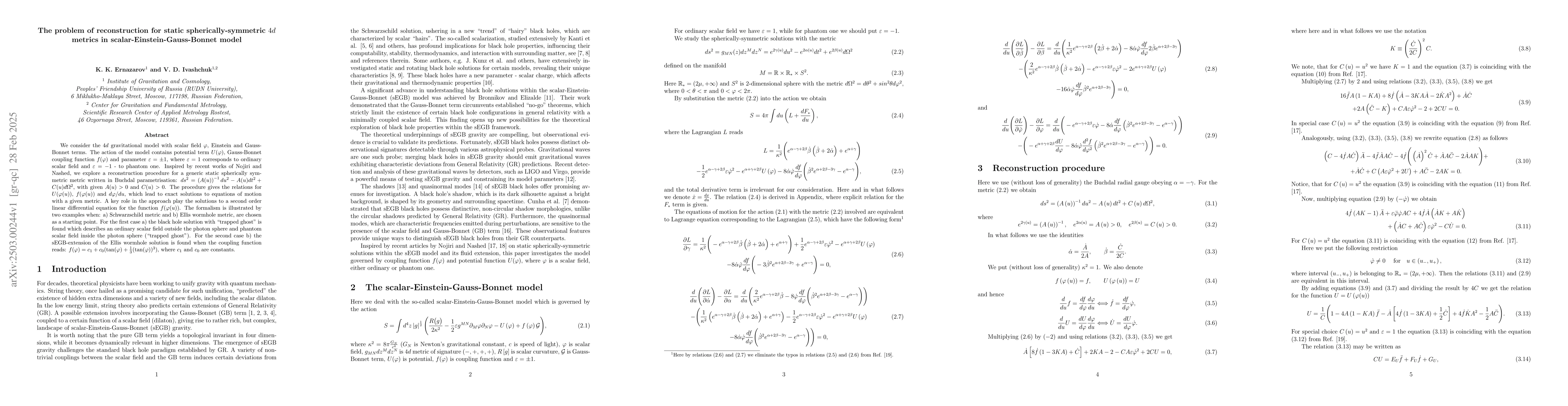 Thumbnail for The problem of reconstruction for static spherically-symmetric $4d$
  metrics in scalar-Einstein-Gauss-Bonnet model