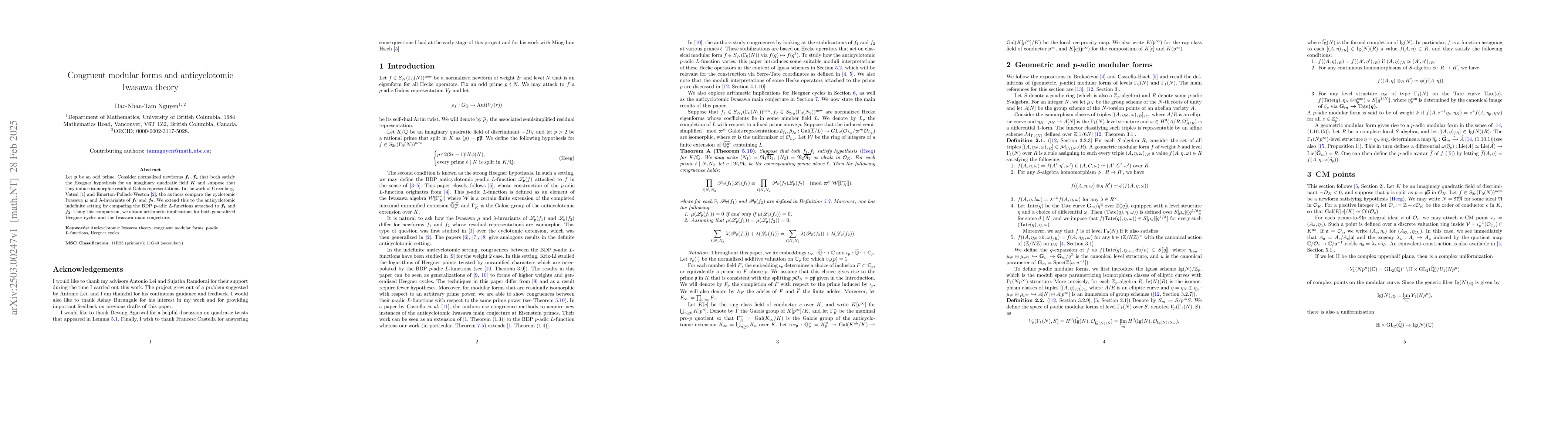 Thumbnail for Congruent modular forms and anticyclotomic Iwasawa theory