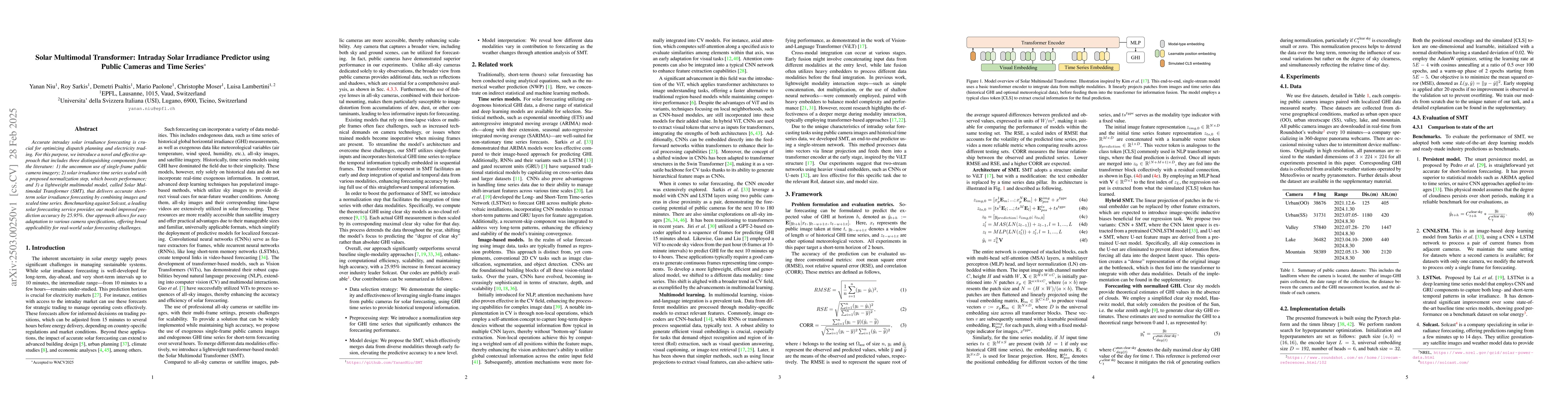 Thumbnail for Solar Multimodal Transformer: Intraday Solar Irradiance Predictor using
  Public Cameras and Time Series
