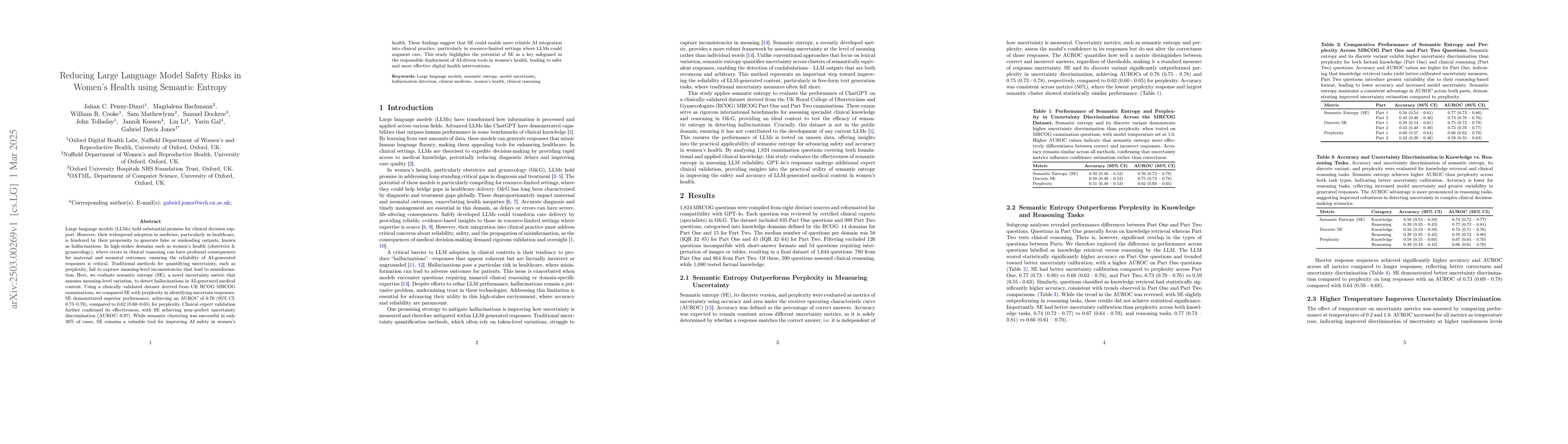 Thumbnail for Reducing Large Language Model Safety Risks in Women's Health using
  Semantic Entropy