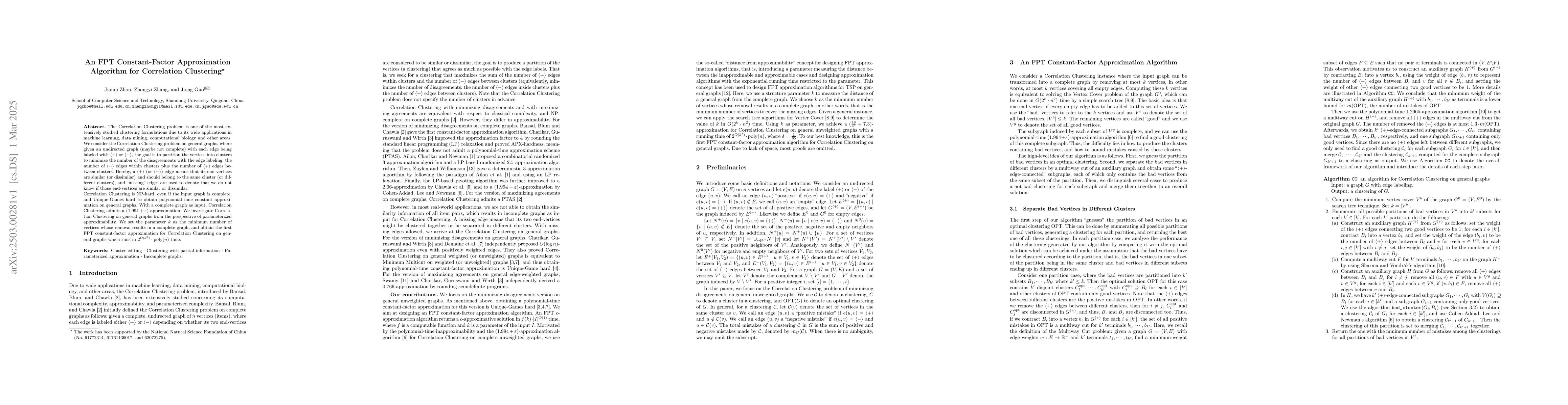 Thumbnail for An FPT Constant-Factor Approximation Algorithm for Correlation
  Clustering