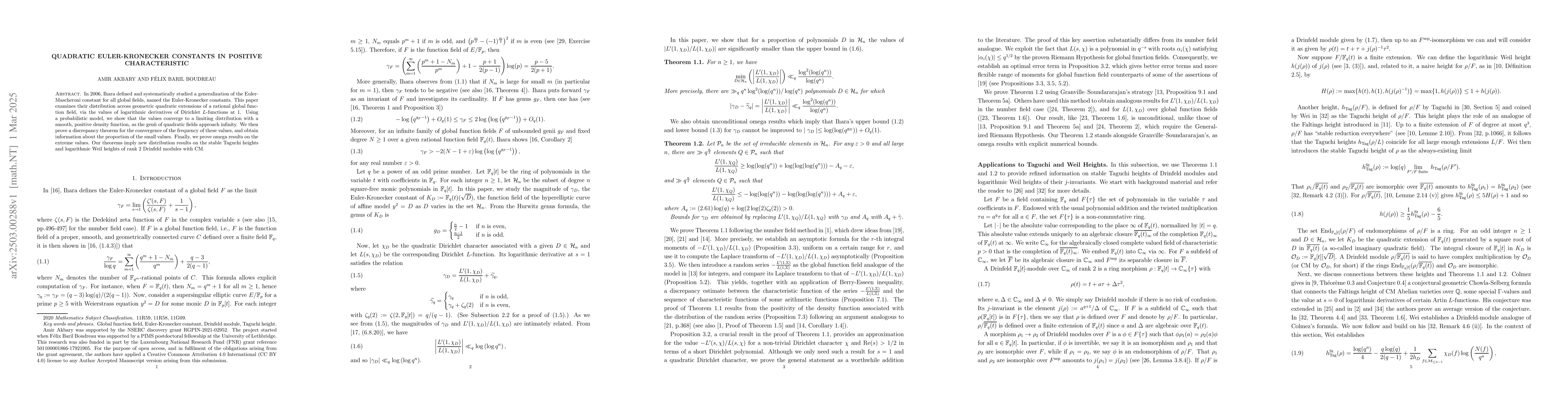 Thumbnail for Quadratic Euler-Kronecker constants in positive characteristic