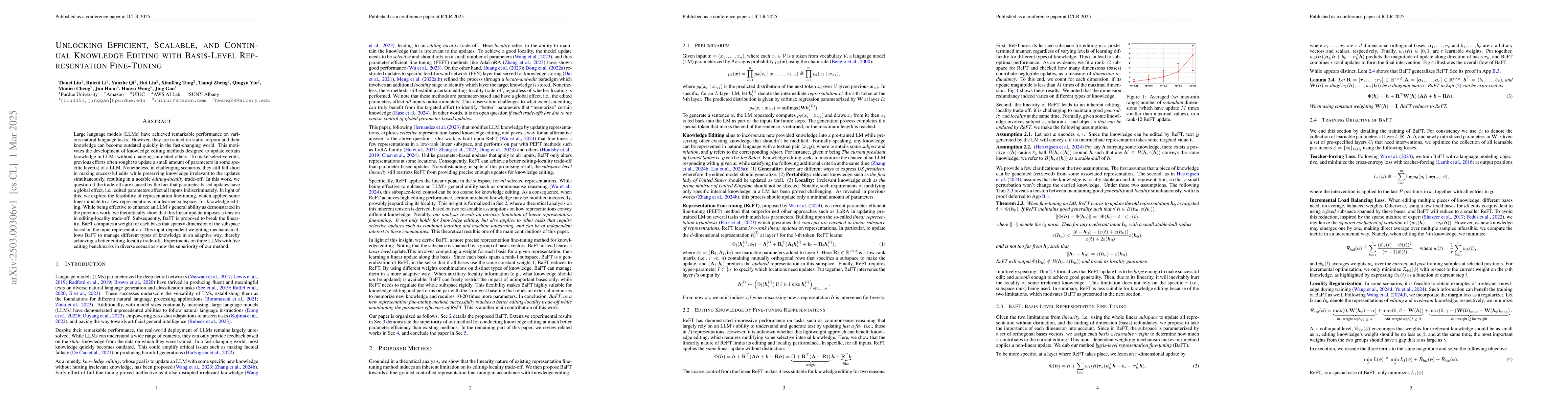 Thumbnail for Unlocking Efficient, Scalable, and Continual Knowledge Editing with
  Basis-Level Representation Fine-Tuning