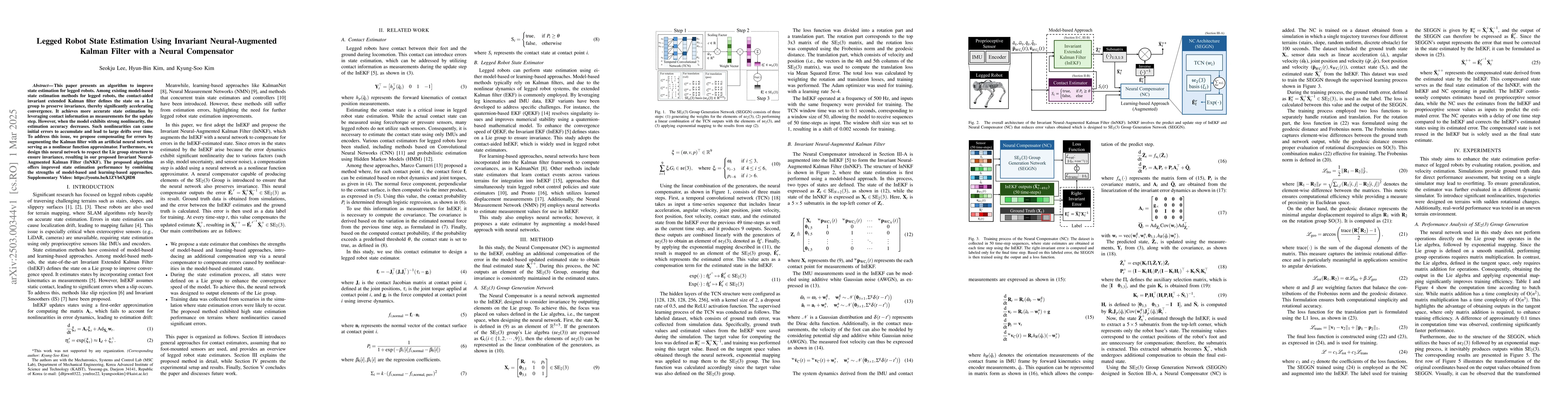 Thumbnail for Legged Robot State Estimation Using Invariant Neural-Augmented Kalman
  Filter with a Neural Compensator