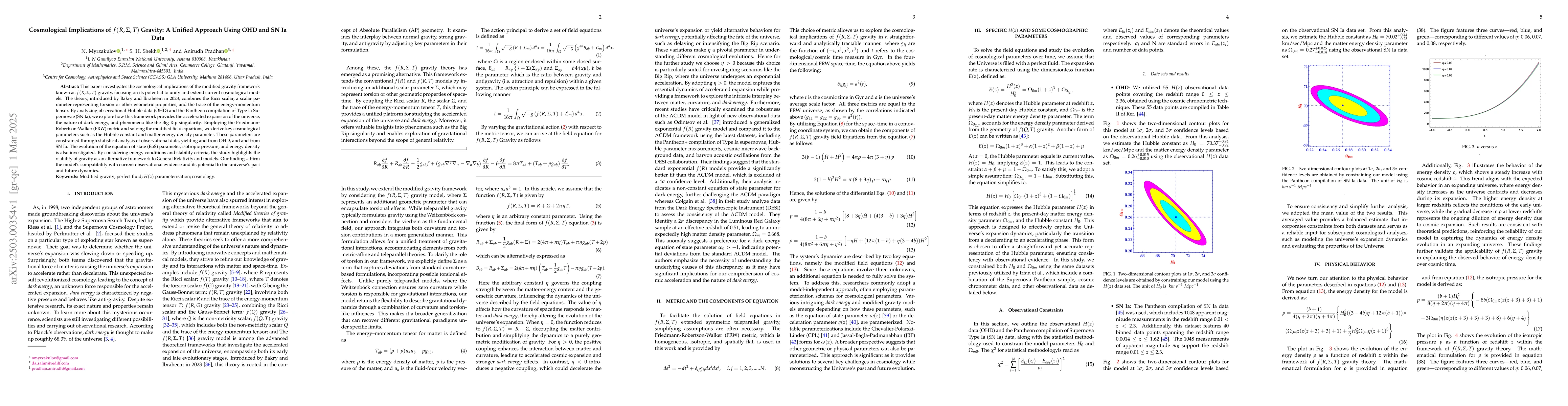 Thumbnail for Cosmological Implications of $f(R,Σ, T)$ Gravity: A Unified
  Approach Using OHD and SN Ia Data