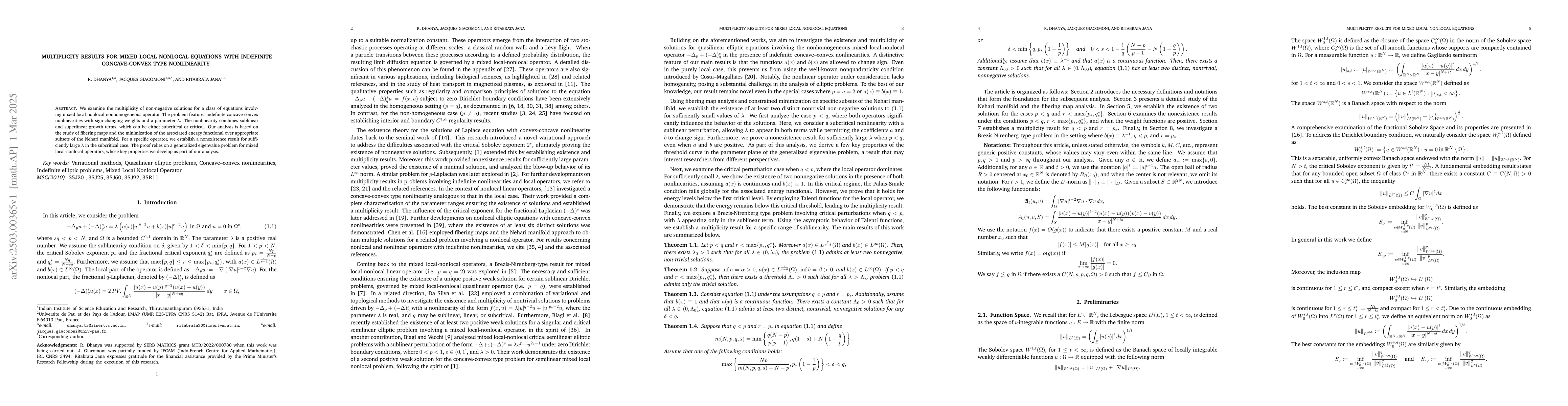 Thumbnail for Multiplicity Results for Mixed Local Nonlocal Equations With Indefinite
  Concave-Convex Type Nonlinearity