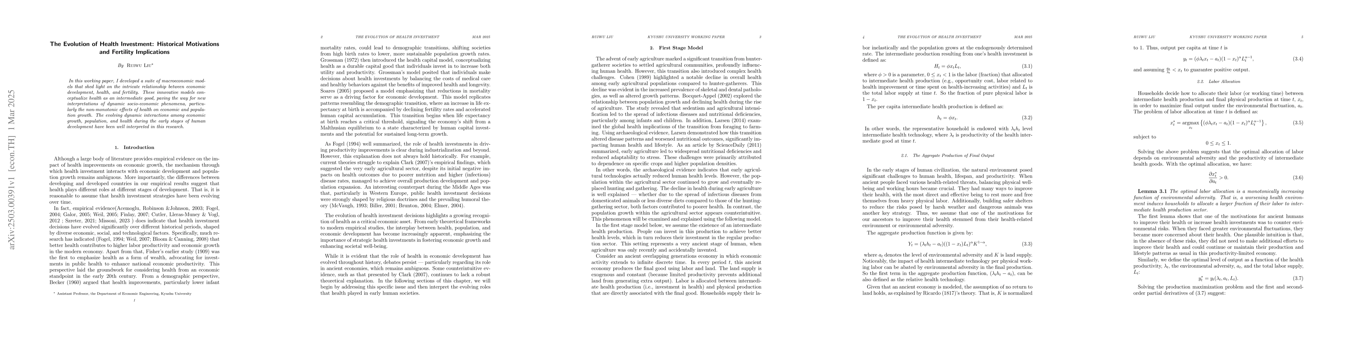 Thumbnail for The Evolution of Health Investment: Historical Motivations and Fertility
  Implications