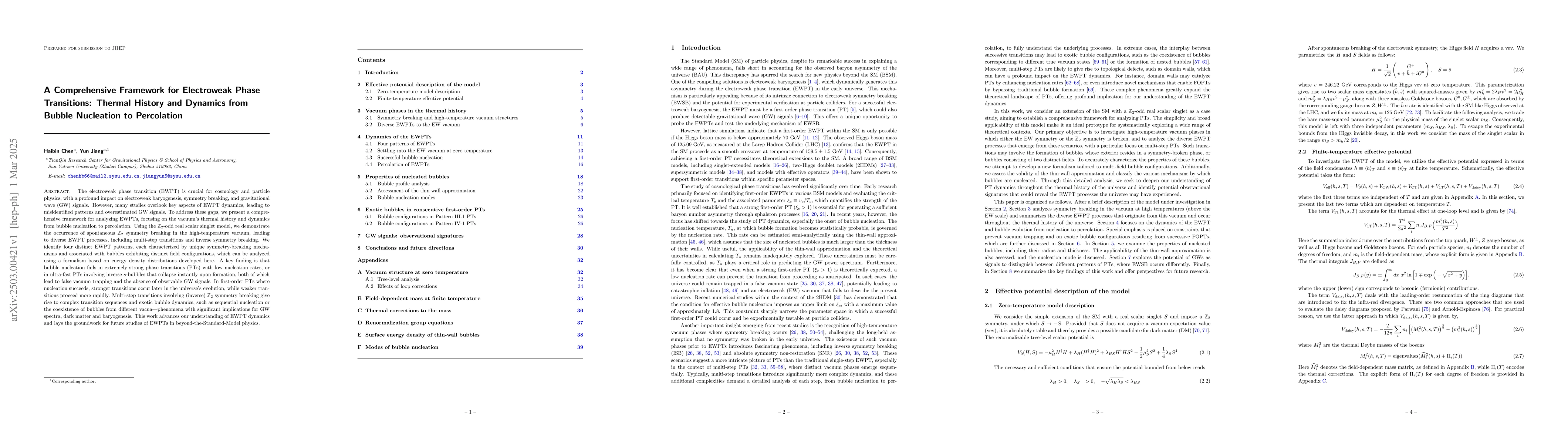 Thumbnail for A Comprehensive Framework for Electroweak Phase Transitions: Thermal
  History and Dynamics from Bubble Nucleation to Percolation