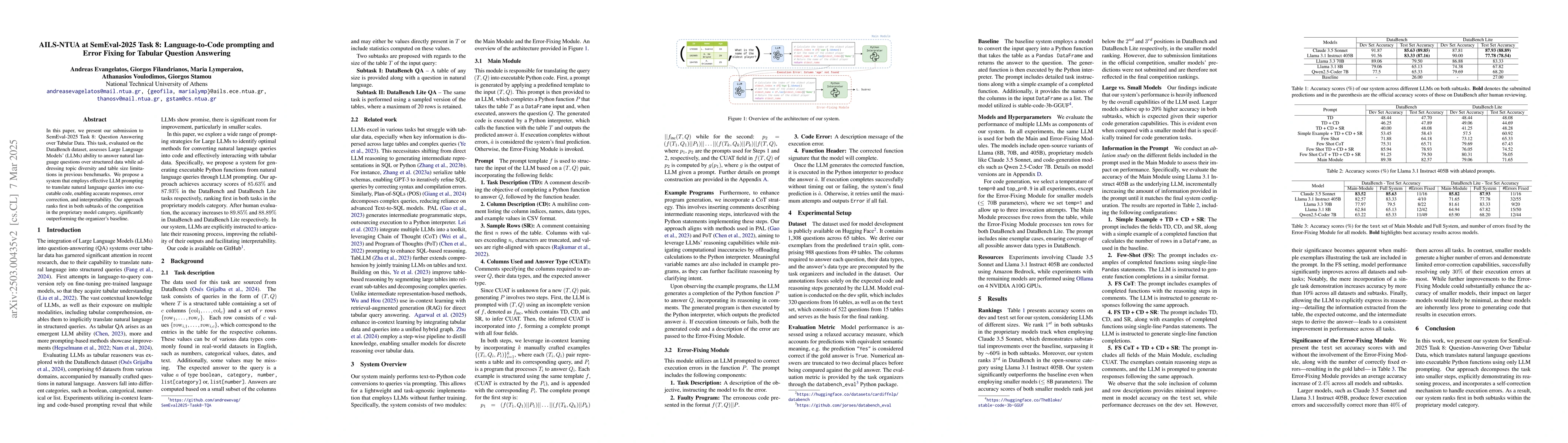 Thumbnail for AILS-NTUA at SemEval-2025 Task 8: Language-to-Code prompting and Error
  Fixing for Tabular Question Answering
