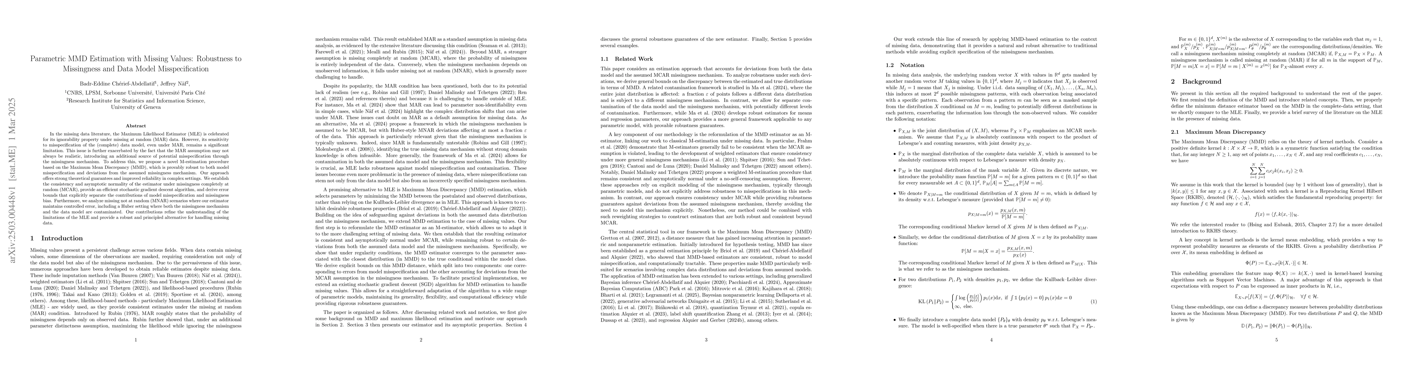 Thumbnail for Parametric MMD Estimation with Missing Values: Robustness to Missingness
  and Data Model Misspecification