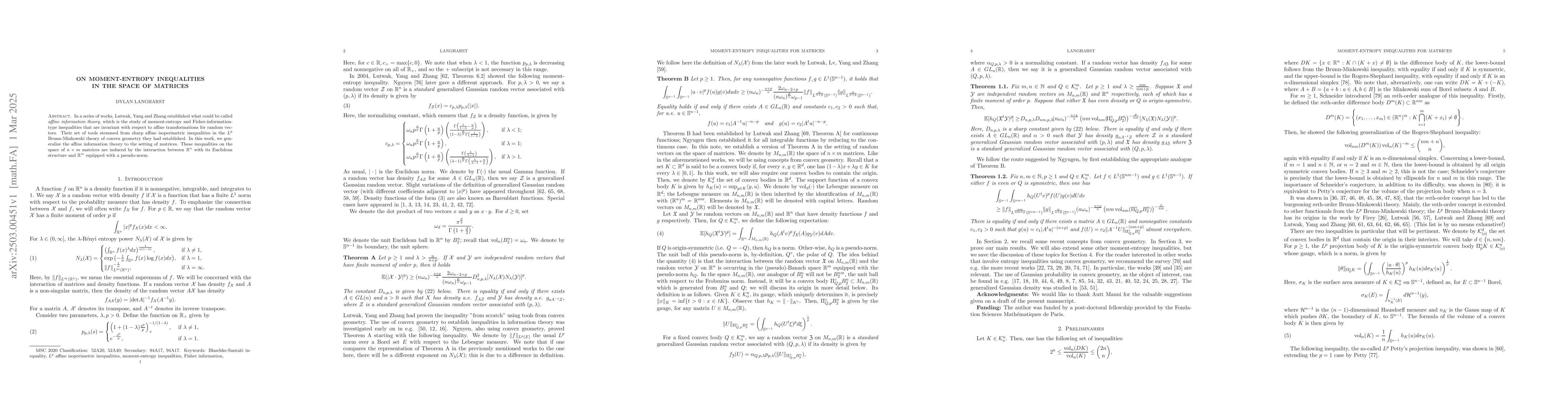 Thumbnail for On Moment-Entropy inequalities in the space of matrices