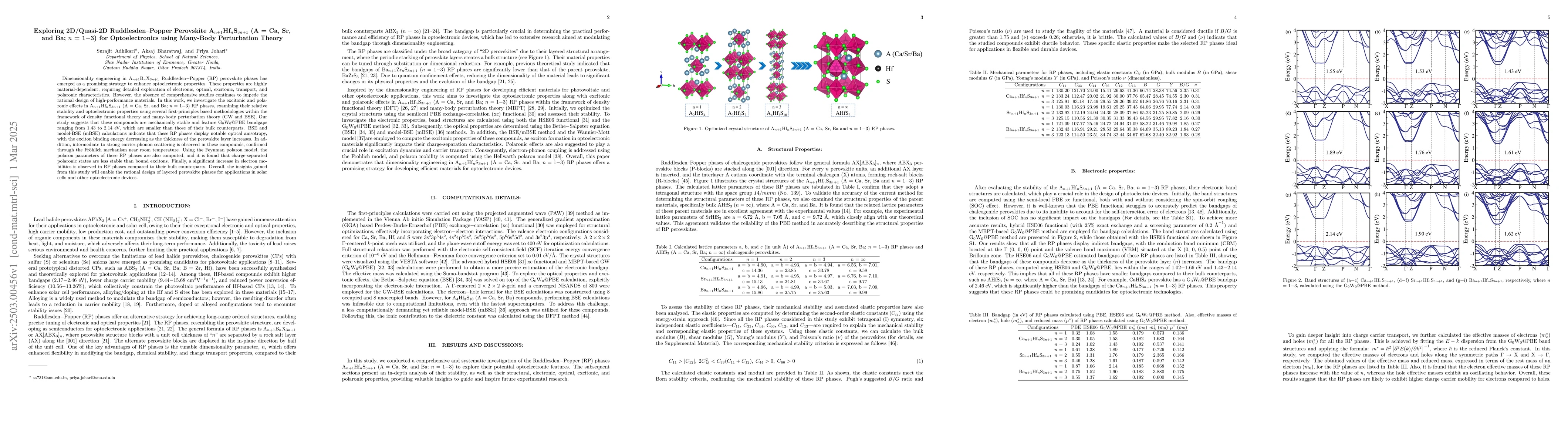 Thumbnail for Exploring 2D/Quasi-2D Ruddlesden-Popper Perovskite
  A$_{n+1}$Hf$_n$S$_{3n+1}$ (A = Ca, Sr, and Ba; n = 1-3) for Optoelectronics
  using Many-Body Perturbation Theory