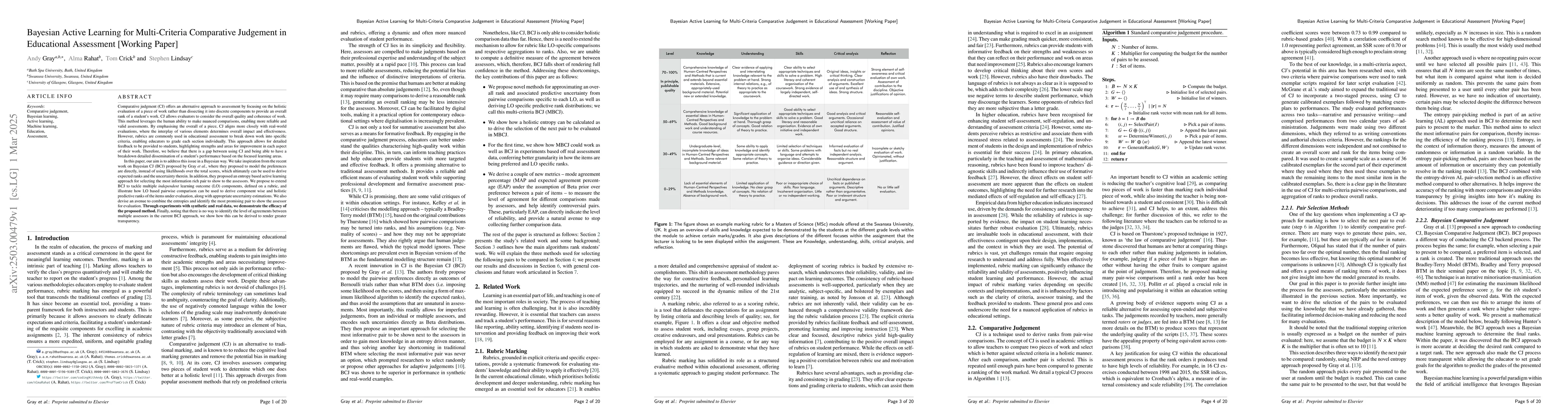 Thumbnail for Bayesian Active Learning for Multi-Criteria Comparative Judgement in
  Educational Assessment